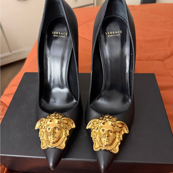 Versace Black Heels with Gold Medusa Detail - Picture 2 of 5